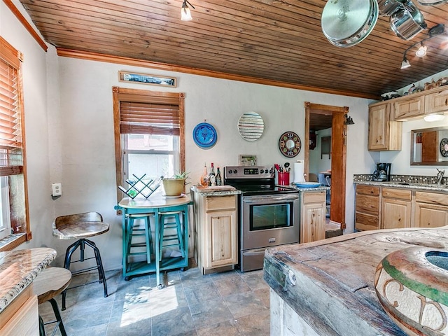 kitchen with crown molding, wood ceiling, light brown cabinetry, and stainless steel range with electric cooktop