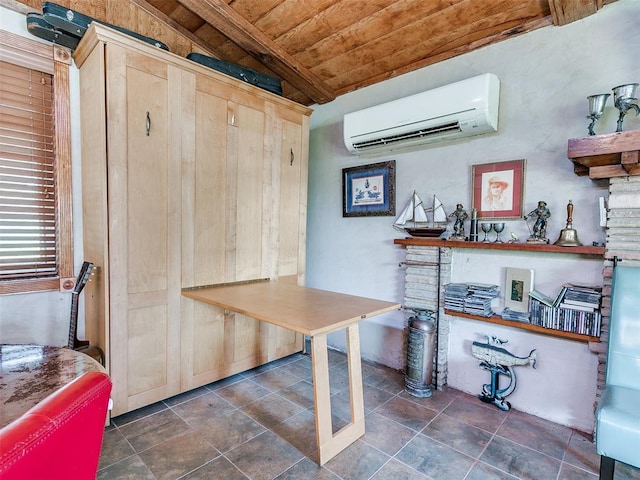 dining space featuring beamed ceiling, wooden ceiling, stone finish floor, and a wall mounted air conditioner