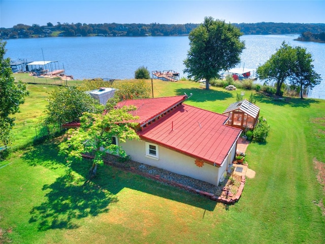 aerial view featuring a water view