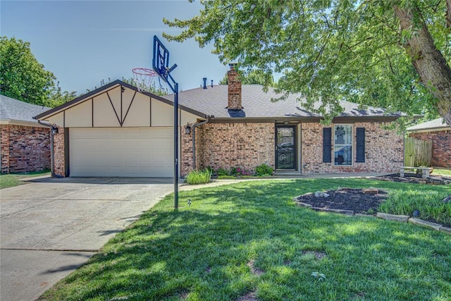 ranch-style home featuring a garage, a front yard, a chimney, brick siding, and driveway