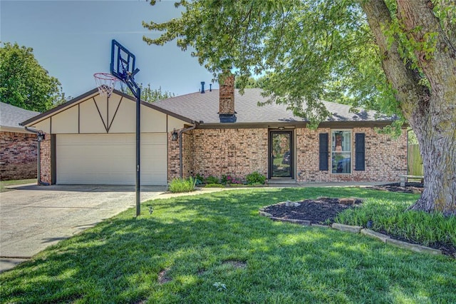 single story home featuring an attached garage, brick siding, a front yard, a chimney, and driveway