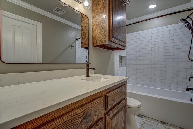 bathroom featuring visible vents, crown molding, vanity, toilet, and marble finish floor