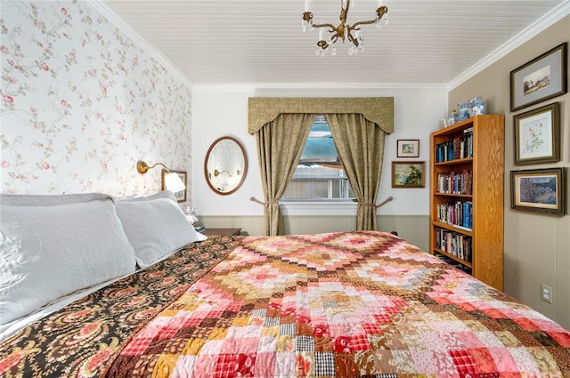 bedroom with crown molding and a chandelier