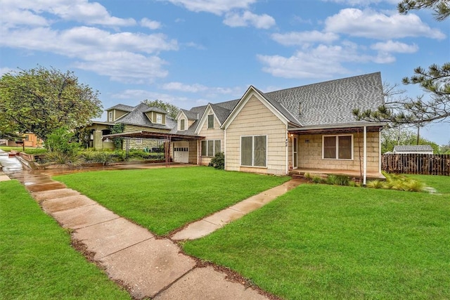 rear view of house with a lawn, fence, and a shingled roof