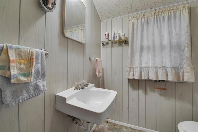 half bath featuring wooden walls, toilet, and a sink