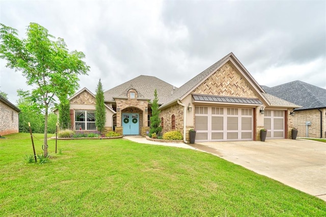 french provincial home featuring an attached garage, concrete driveway, brick siding, and a front yard