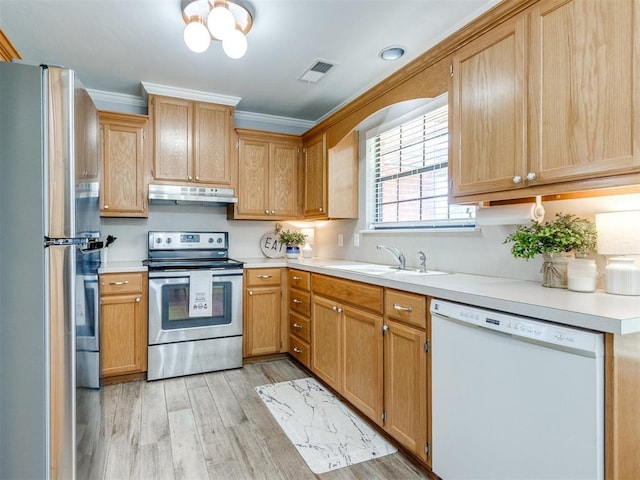 kitchen with visible vents, under cabinet range hood, a sink, light wood finished floors, and stainless steel appliances