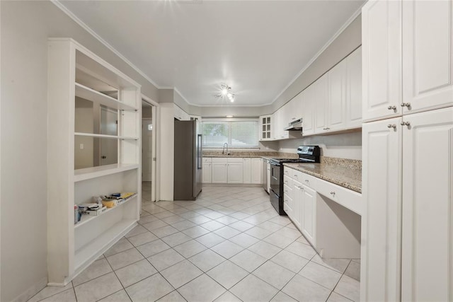 2417 NW 55th Ter, Oklahoma City, OK 73112 - kitchen with white cabinetry, black range with electric cooktop, under cabinet range hood, ornamental molding, and high quality fridge
