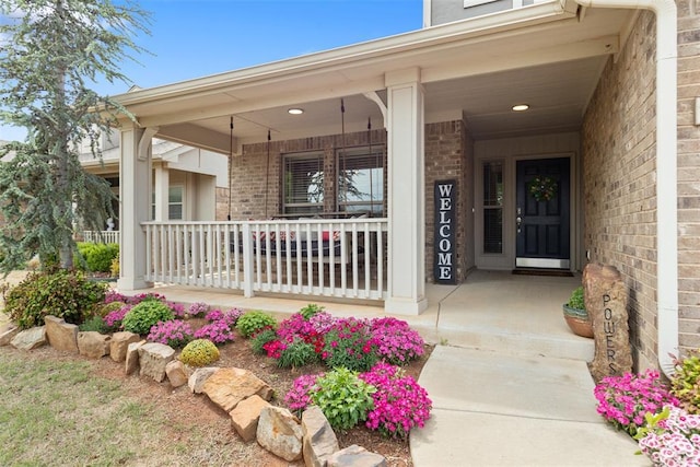 view of exterior entry with a porch and brick siding