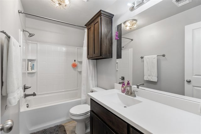 bathroom featuring visible vents, shower / tub combo with curtain, tile patterned flooring, vanity, and toilet