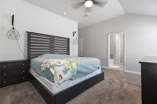 bedroom with carpet floors, visible vents, baseboards, ensuite bath, and vaulted ceiling