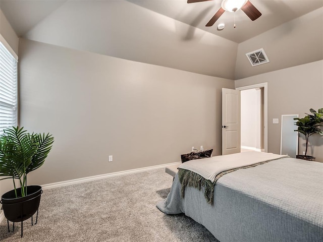bedroom with carpet flooring, ceiling fan, baseboards, lofted ceiling, and visible vents