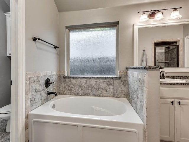 full bath featuring vanity, a garden tub, and toilet