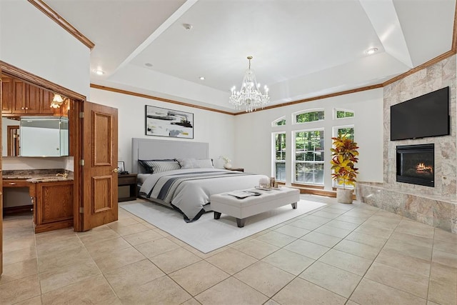 12700 Jabez Rd, Edmond, OK 73013 - bedroom with light tile patterned flooring, a tray ceiling, crown molding, a fireplace, and a chandelier