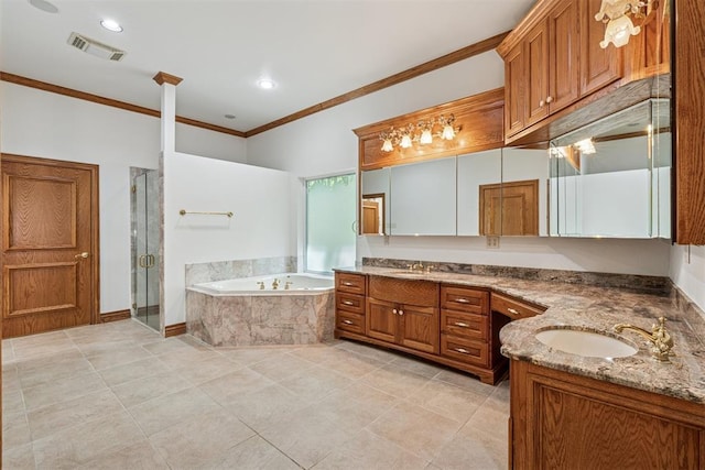 12700 Jabez Rd, Edmond, OK 73013 - full bath with vanity, crown molding, a garden tub, a stall shower, and tile patterned floors