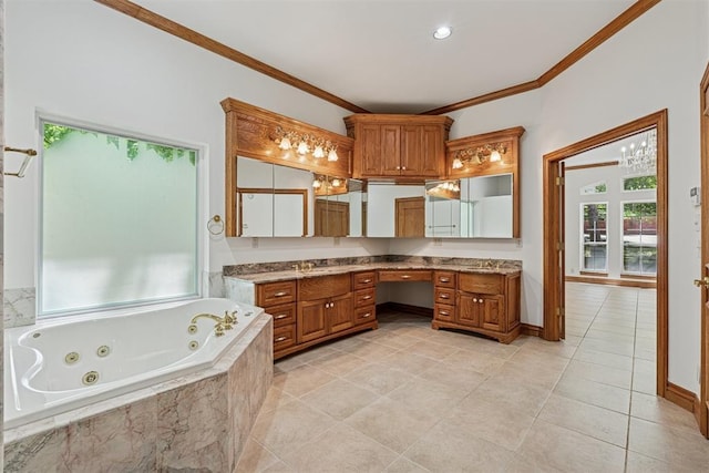 12700 Jabez Rd, Edmond, OK 73013 - full bathroom with crown molding, vanity, a tub with jets, and tile patterned floors