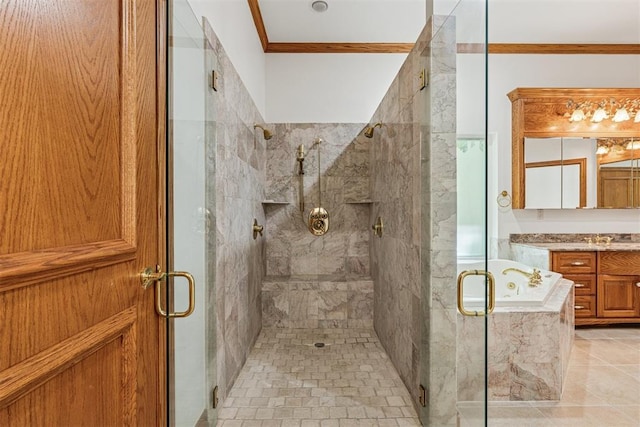 12700 Jabez Rd, Edmond, OK 73013 - full bath featuring ornamental molding, vanity, a shower stall, a bath, and tile patterned flooring