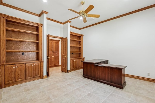 12700 Jabez Rd, Edmond, OK 73013 - unfurnished office featuring a ceiling fan, ornamental molding, and light tile patterned flooring