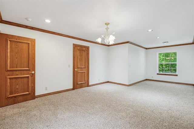 12700 Jabez Rd, Edmond, OK 73013 - unfurnished room featuring a chandelier, carpet flooring, ornamental molding, recessed lighting, and a smoke detector