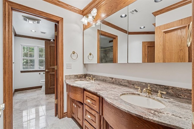 12700 Jabez Rd, Edmond, OK 73013 - full bathroom with crown molding, marble tiled floors, double vanity, a shower, and recessed lighting