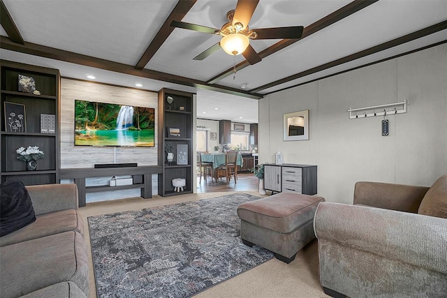 10284 N 2128, Foss, OK 73647 - carpeted living room featuring beam ceiling, a ceiling fan, and recessed lighting