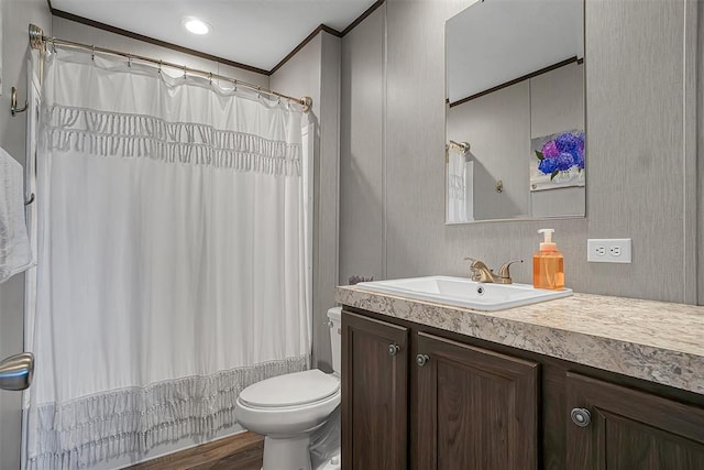 10284 N 2128, Foss, OK 73647 - bathroom with toilet, crown molding, vanity, wood finished floors, and curtained shower