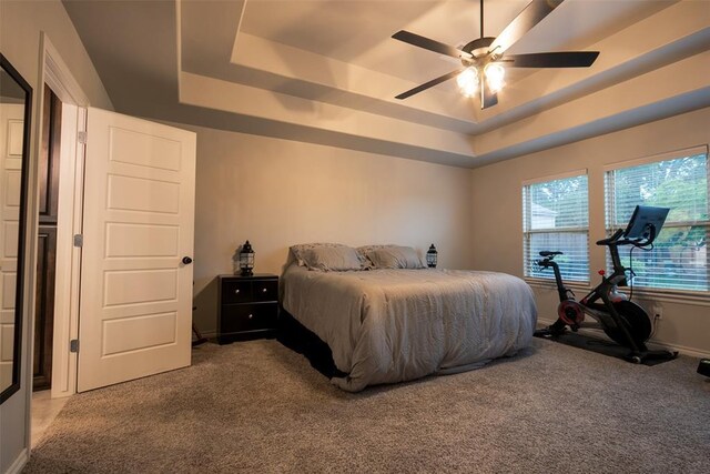 bedroom with a raised ceiling, carpet, and baseboards