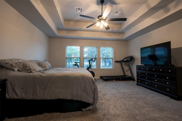 bedroom with a tray ceiling, carpet floors, and a ceiling fan