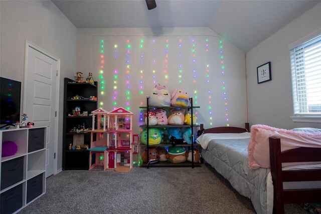 bedroom with carpet and lofted ceiling