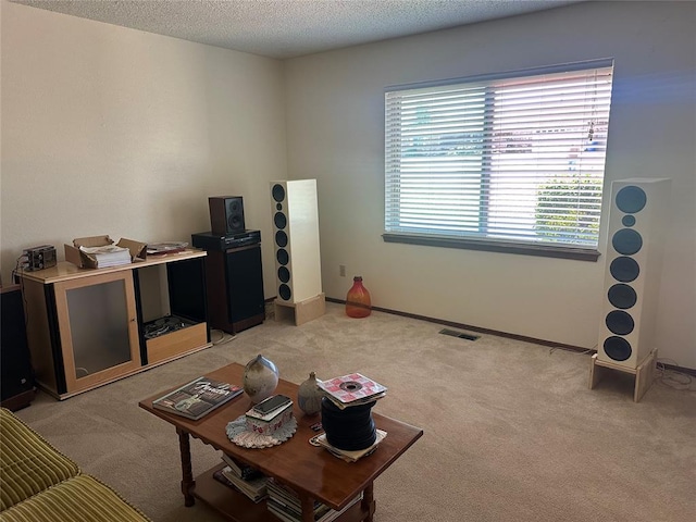 1721 E Ridgeview Ter, Mustang, OK 73064 - living room with visible vents, a textured ceiling, baseboards, and light carpet