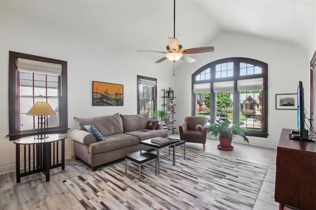 1912 NW 22nd St, Oklahoma City, OK 73106 - living area with light wood-style flooring, a ceiling fan, and high vaulted ceiling