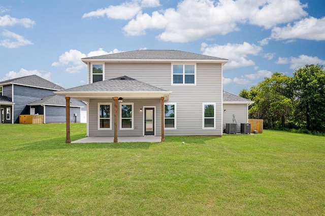 2375 Clubhouse Dr, Blanchard, OK 73010 - back of house featuring a patio, roof with shingles, a ceiling fan, central AC unit, and a lawn