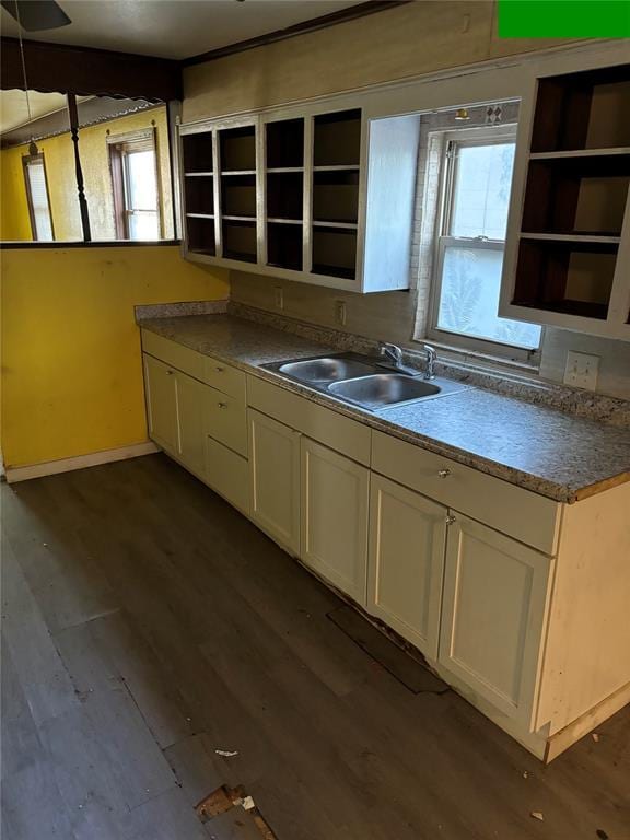 kitchen with white cabinets, open shelves, a sink, and dark wood-type flooring