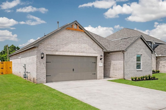 view of front of property featuring concrete driveway, brick siding, roof with shingles, and a garage