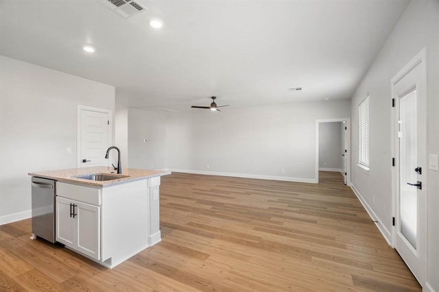 kitchen featuring stainless steel dishwasher, visible vents, ceiling fan, light wood-type flooring, and a sink