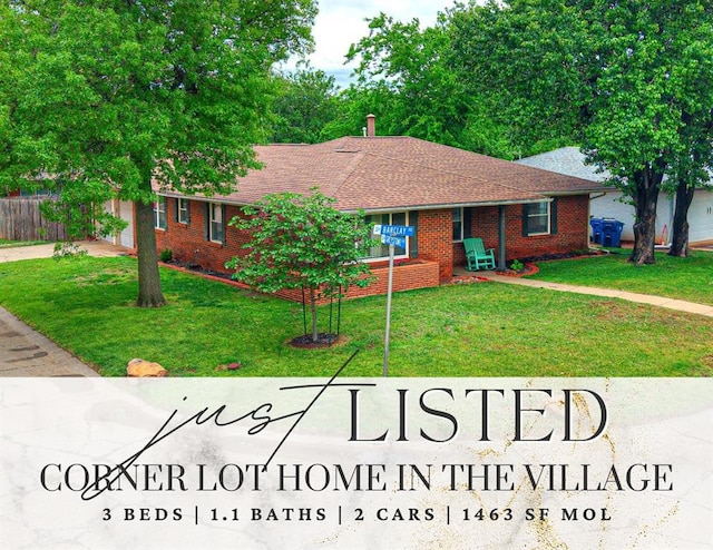 2429 Barclay Rd, Oklahoma City, OK 73120 - ranch-style house featuring brick siding, a front yard, driveway, and roof with shingles