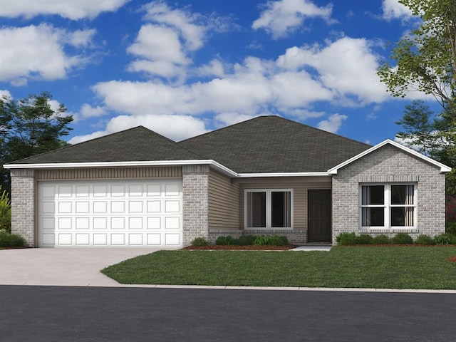single story home with brick siding, a garage, a front lawn, and driveway