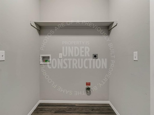 laundry room with dark wood-style flooring, washer hookup, laundry area, baseboards, and hookup for an electric dryer