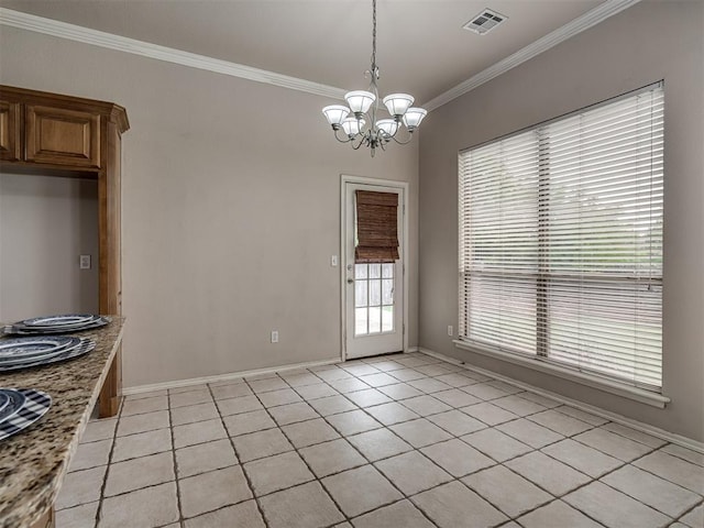 10812 S Miller Ave, Oklahoma City, OK 73170 - unfurnished dining area featuring ornamental molding, a chandelier, light tile patterned floors, and baseboards