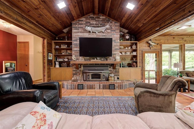 living area featuring wooden ceiling, tile patterned flooring, built in features, and lofted ceiling