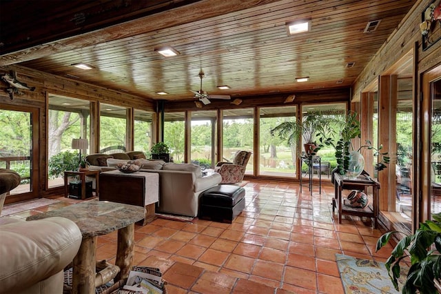 sunroom / solarium with plenty of natural light, wood ceiling, and tile patterned floors