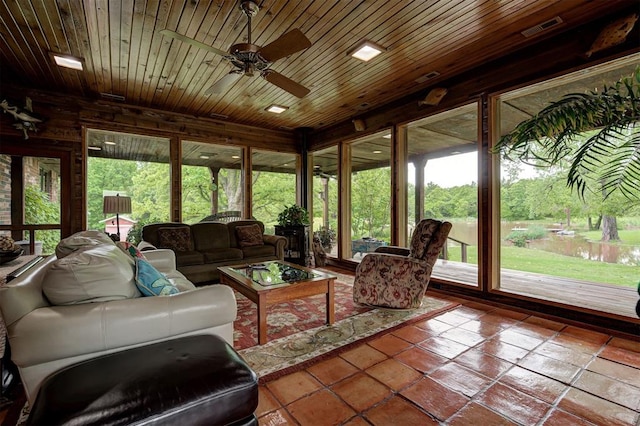 sunroom / solarium featuring wooden ceiling, an outdoor living space, a ceiling fan, and visible vents