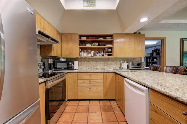 kitchen featuring decorative backsplash, open shelves, a sink, under cabinet range hood, and stainless steel appliances