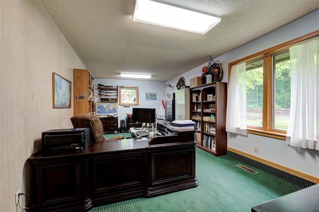 carpeted office space with a textured ceiling, visible vents, and baseboards