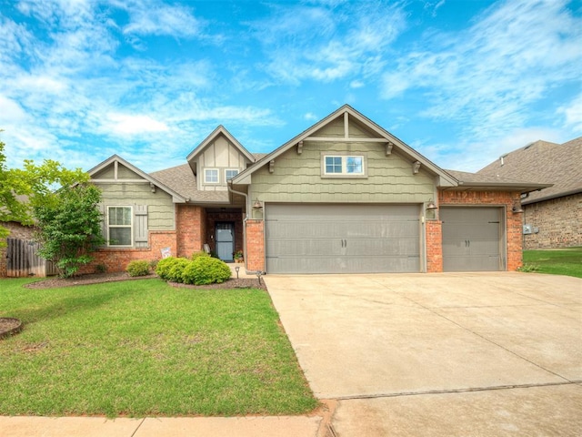 craftsman house with roof with shingles, brick siding, a garage, a front yard, and concrete driveway