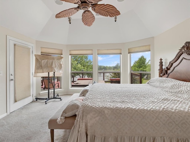 carpeted bedroom with multiple windows, access to outside, high vaulted ceiling, a ceiling fan, and baseboards