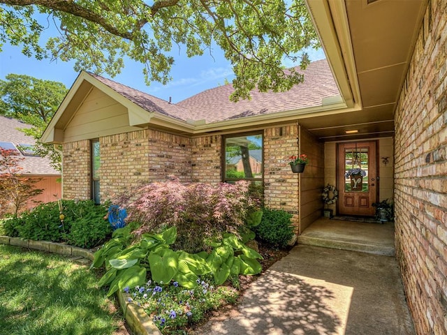 entrance to property featuring brick siding and roof with shingles