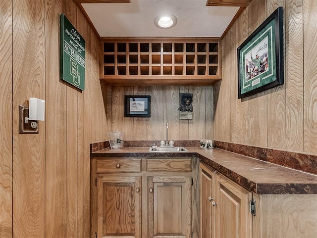 bar with wooden walls, wet bar, and a sink