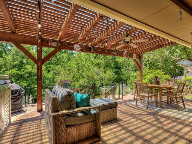 wooden terrace featuring outdoor dining area and a pergola