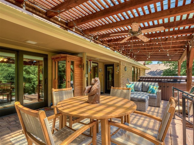 deck with an outdoor living space, a ceiling fan, and a pergola